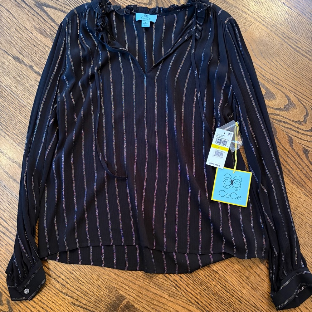 CeCe Black Blouse with Shimmery Metallic Stripes